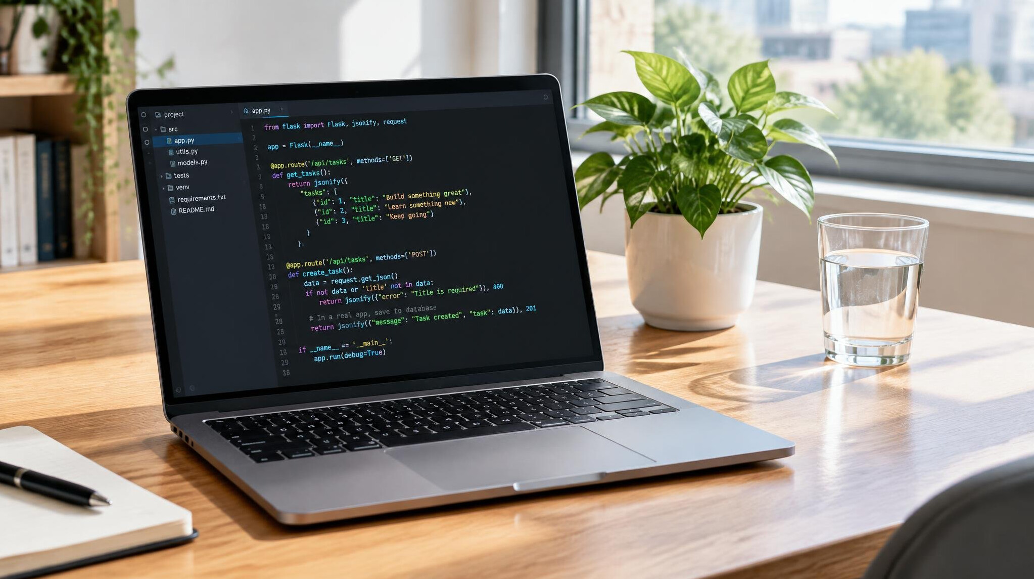 Laptop with source code on a desk next to a plant